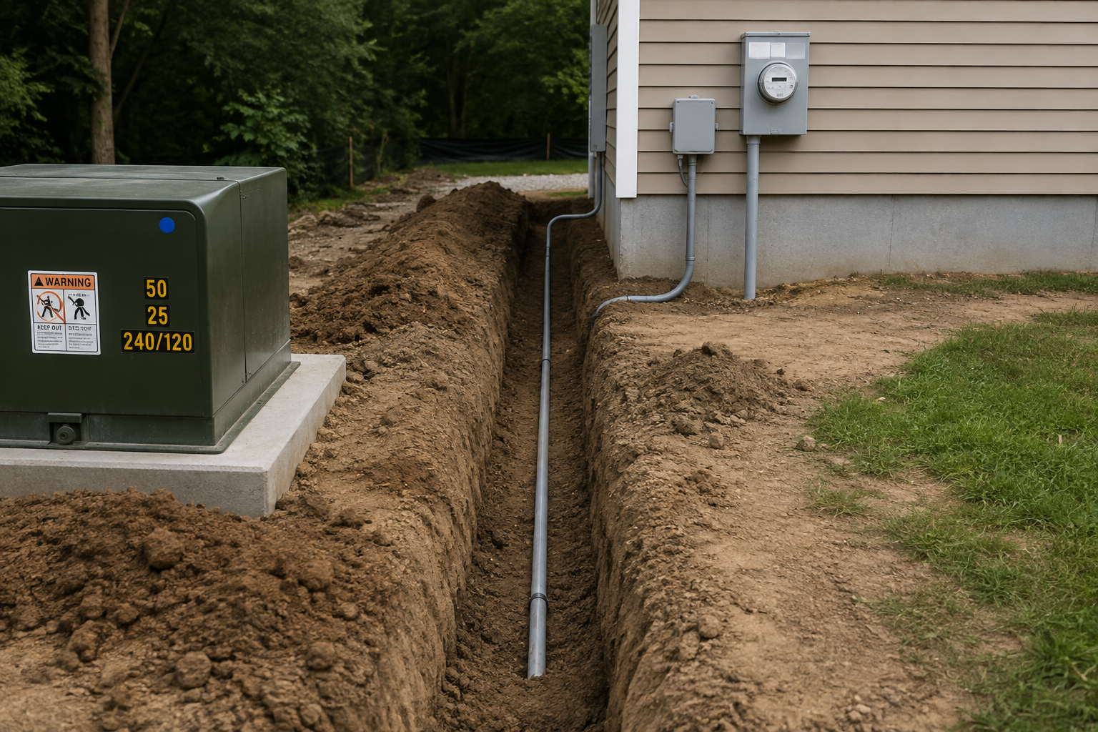 A trench with a white conduit runs beside a house toward utility meters and a green utility box.
