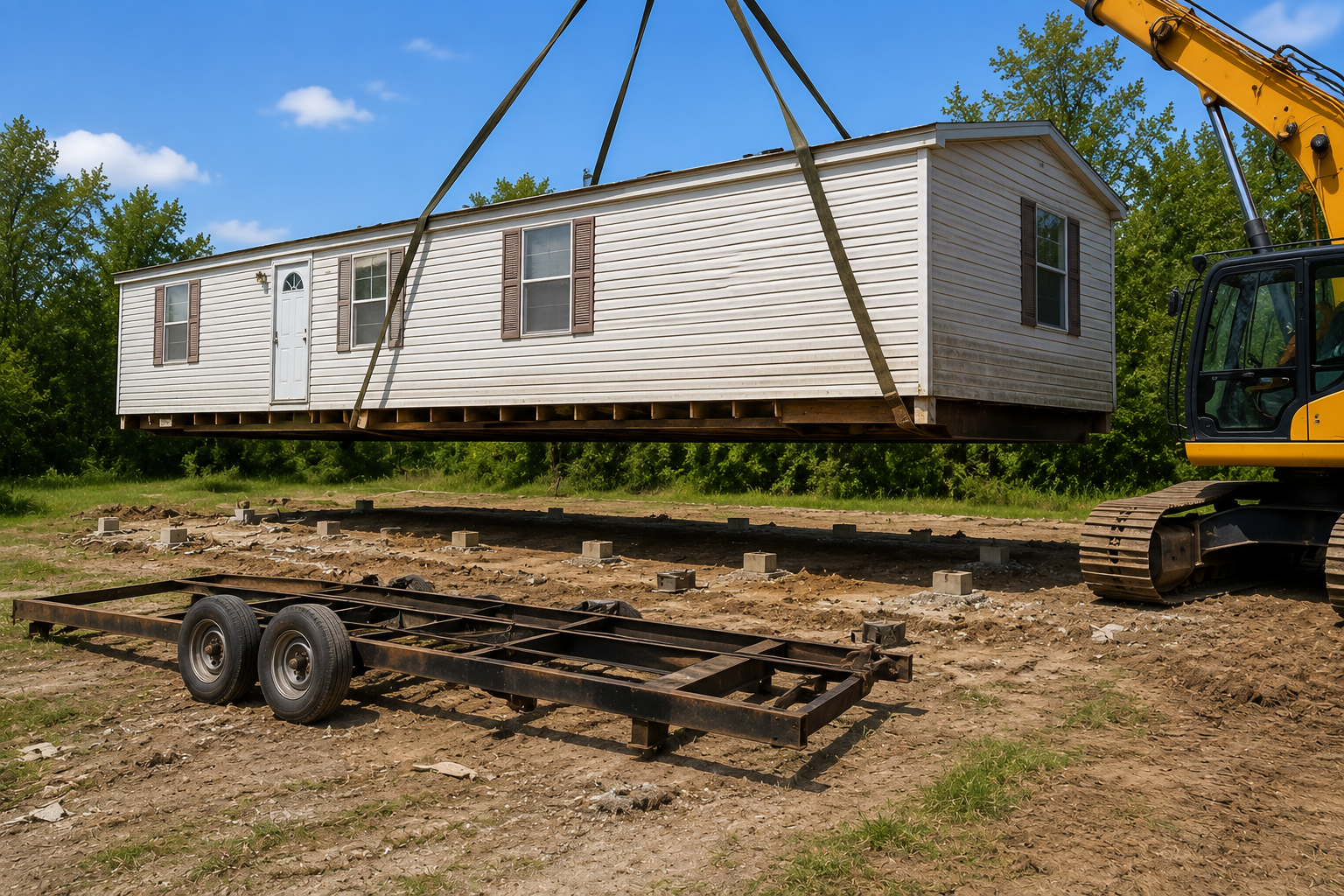 Mobile home being lifted by crane onto a trailer frame in a dirt lot under a blue sky