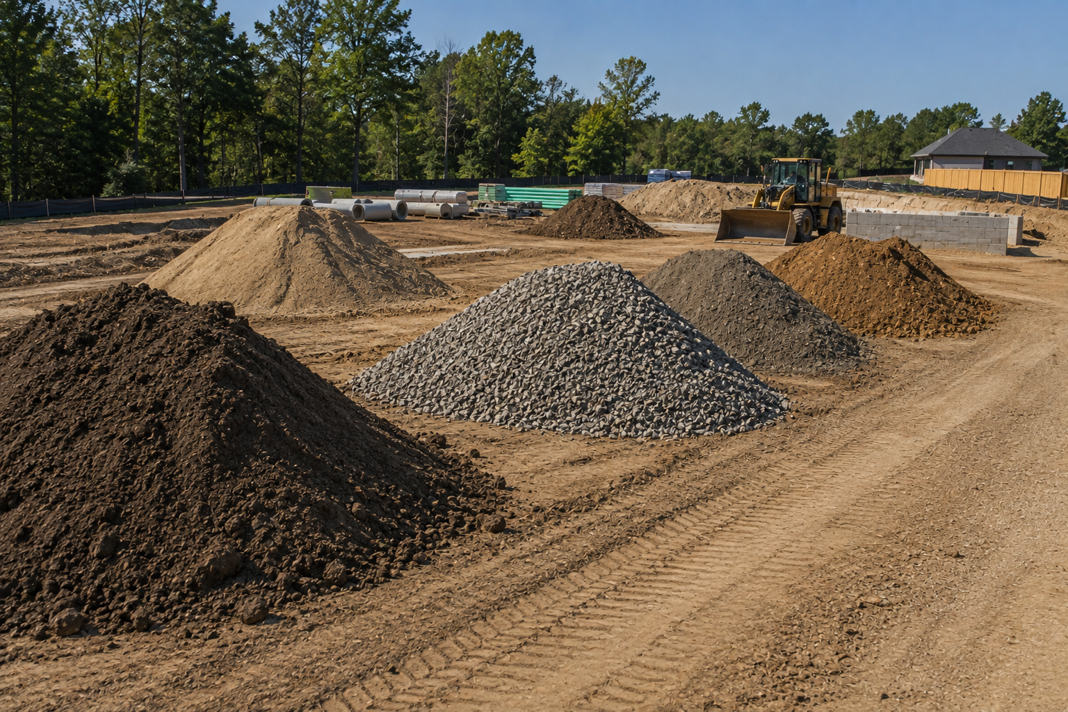 Several gravel piles and dirt mounds at a construction site with trees in the background
