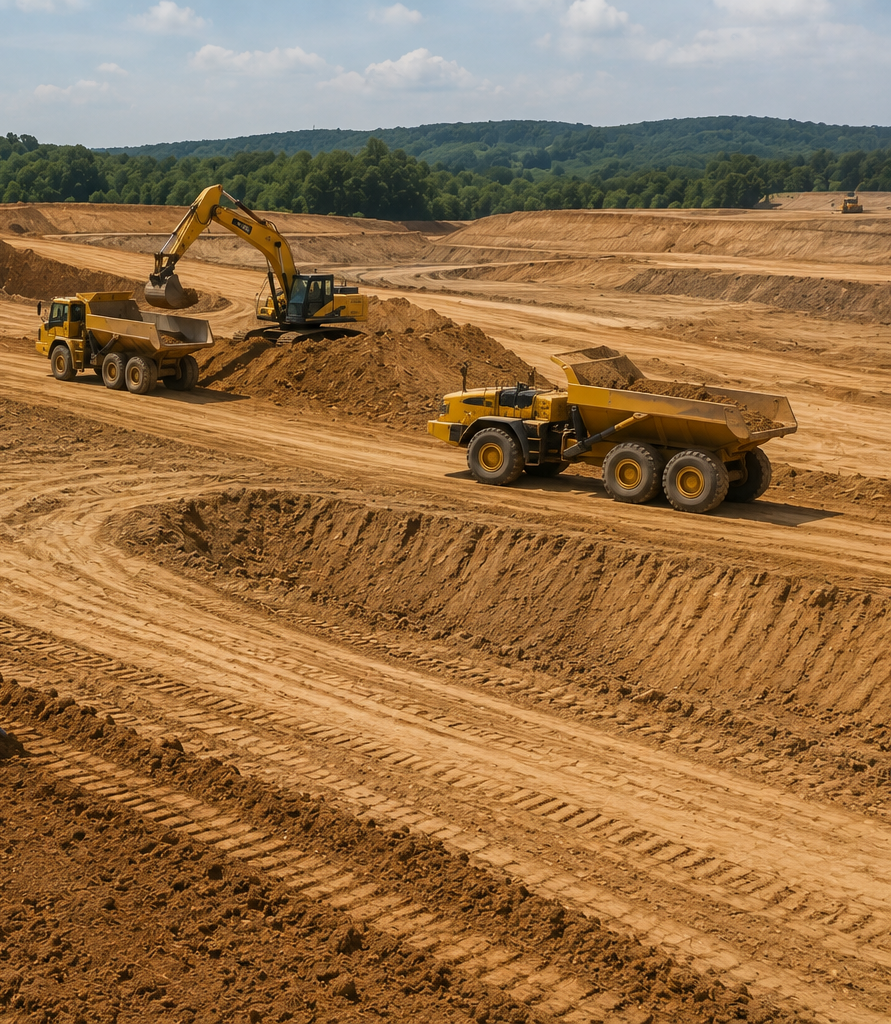 Construction vehicles leveling a dirt site, with an excavator loading a dump truck at a quarry