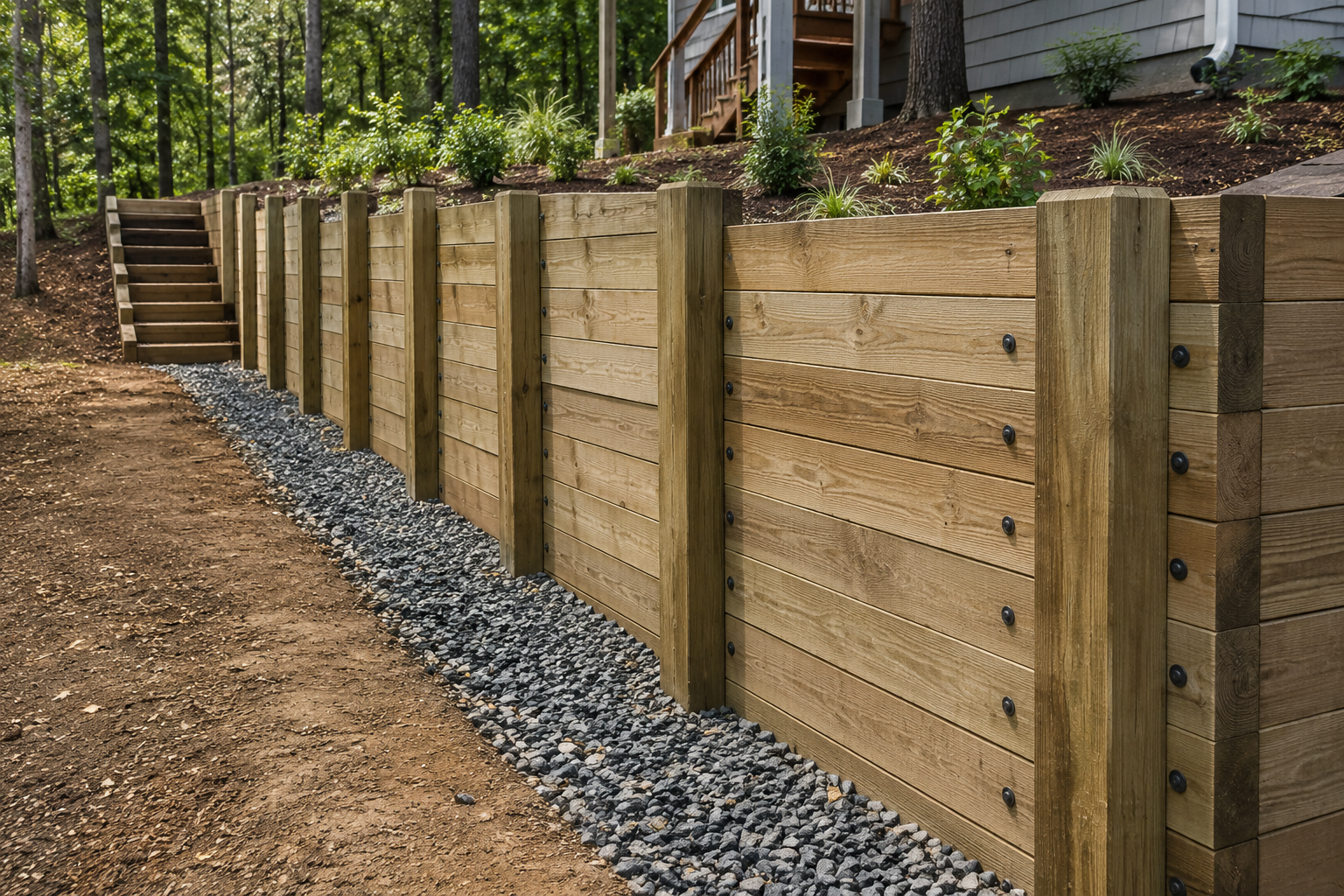 Wooden retaining wall with gravel edging along a dirt path in a wooded yard