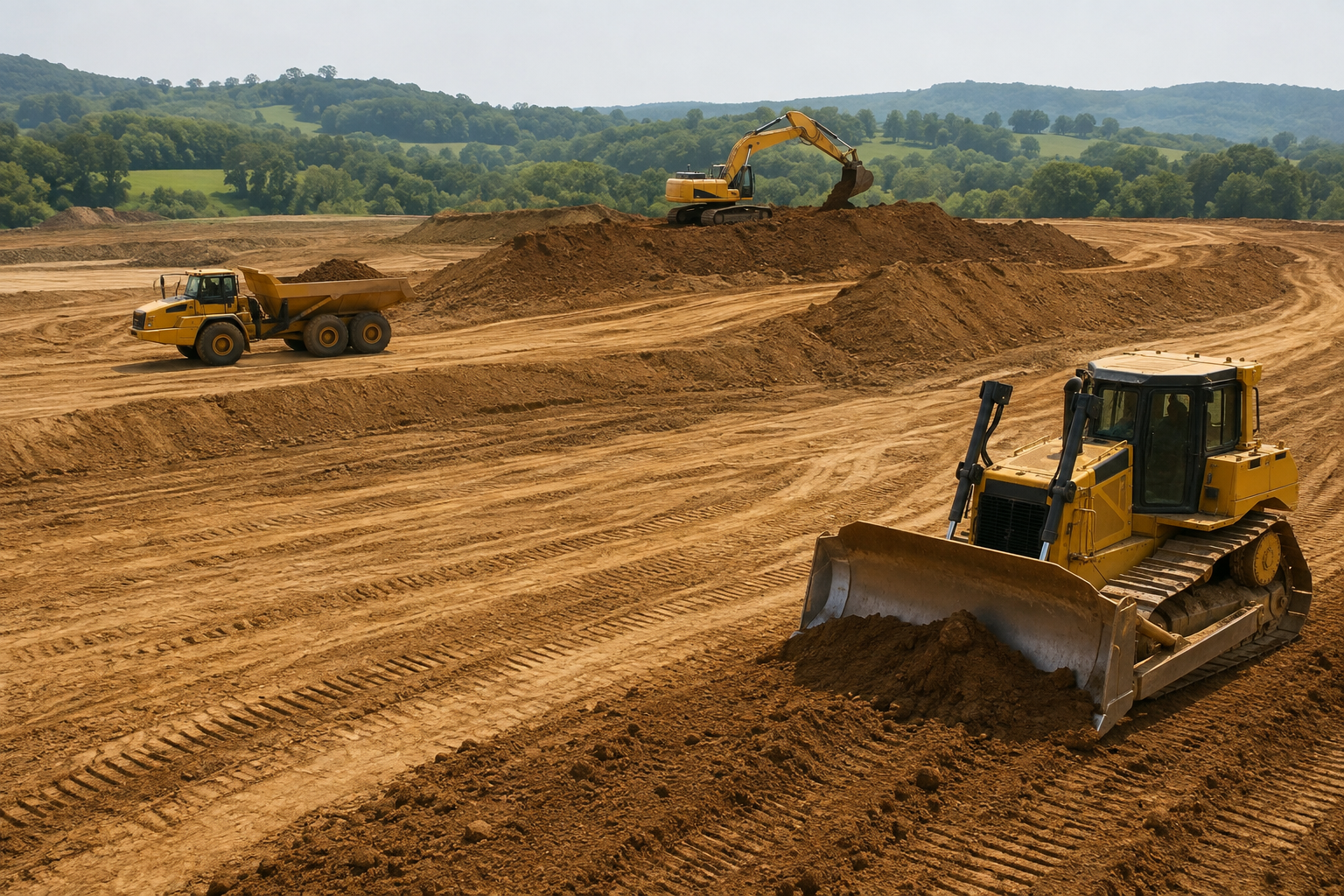 Bulldozers and an excavator grading a large dirt construction site under a cloudy sky