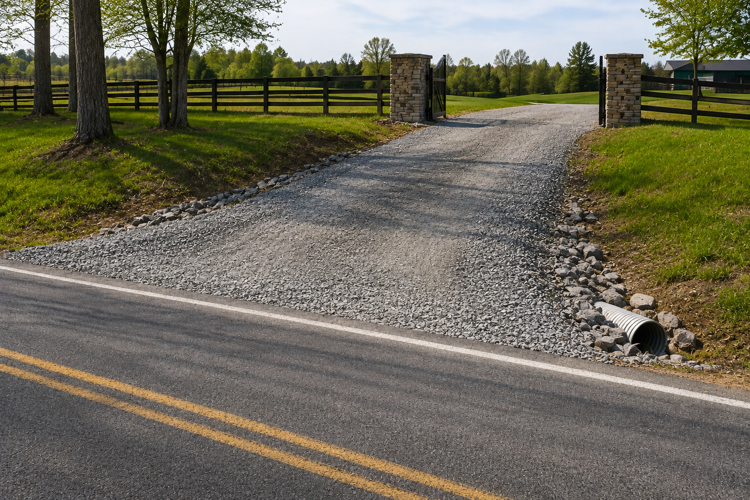 Gravel driveway between stone pillars and wooden fences leading to a rural property, with a paved road in front