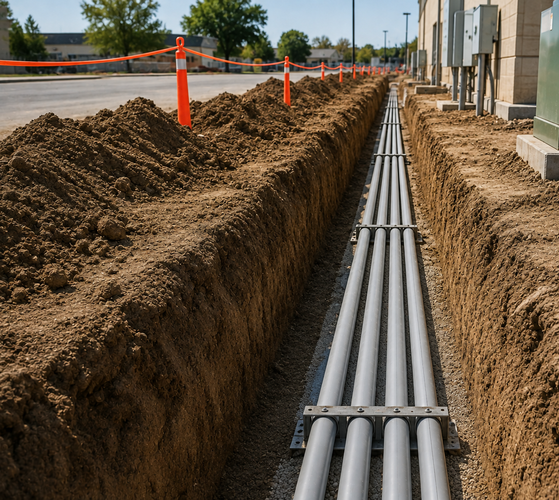 Utility trench with exposed gray conduit pipes beside a road under construction