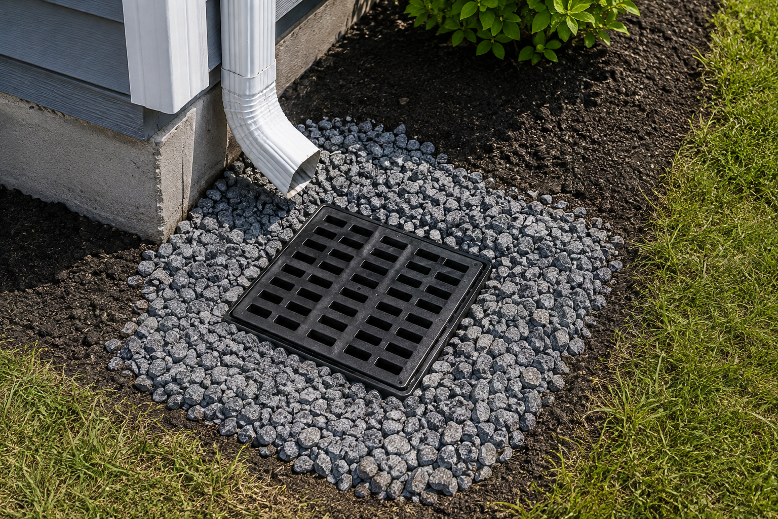 Black storm drain grate in gravel beside a house wall and downspout.