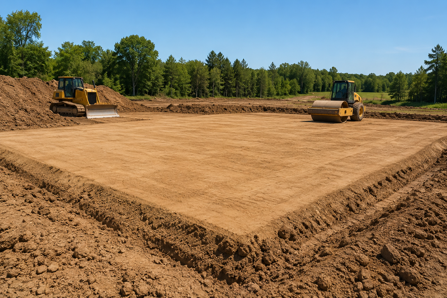 Bulldozer leveling a large dirt construction site under a clear blue sky