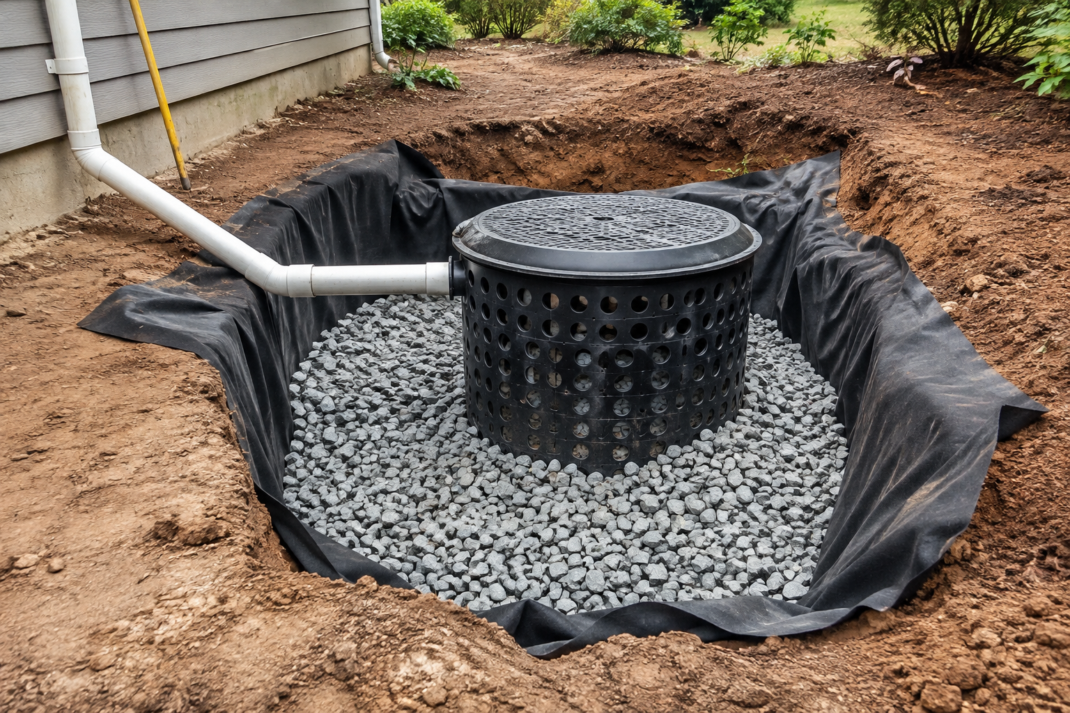 Black drainage basin with white pipe and gravel beside house foundation