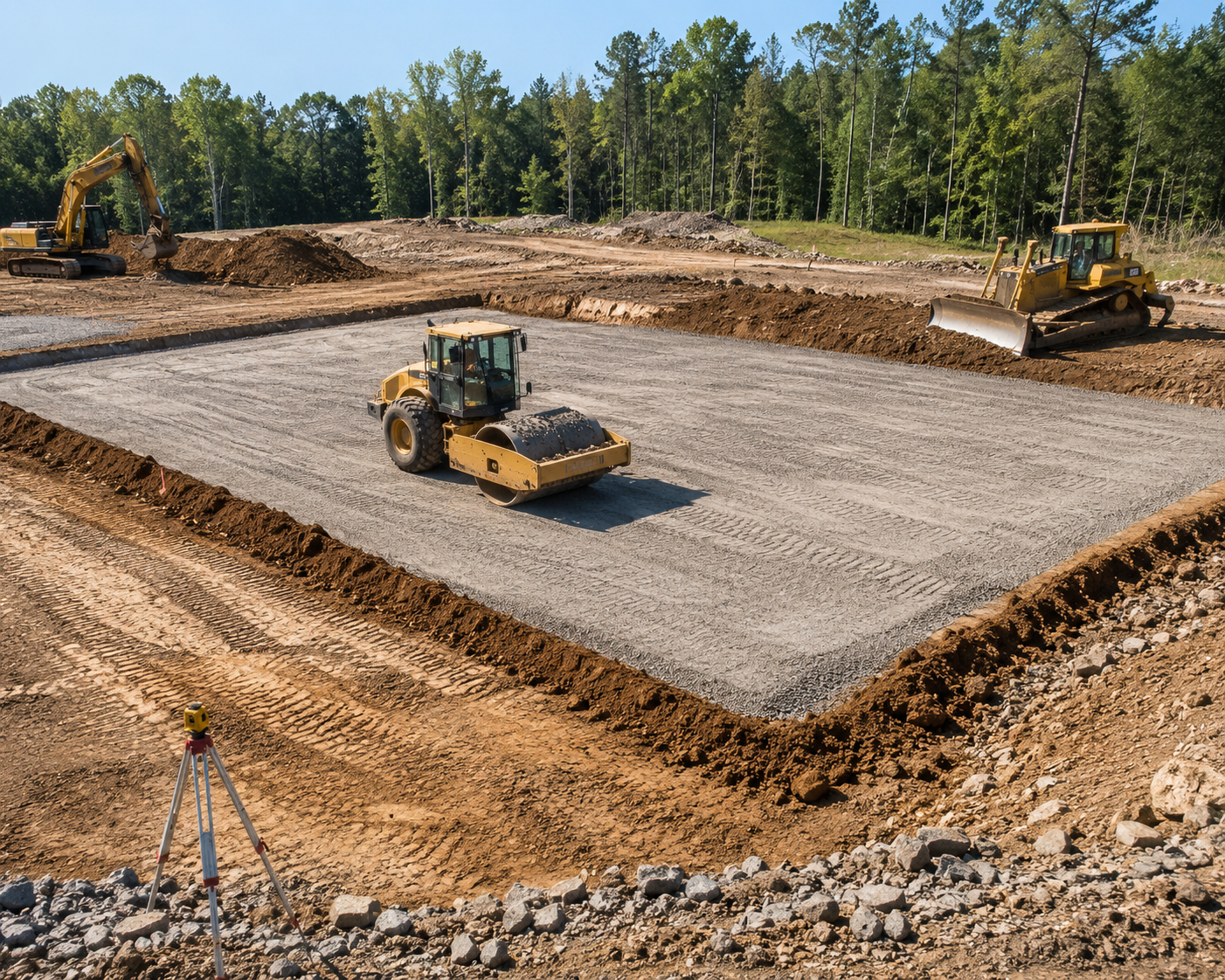 Construction site with two yellow bulldozers grading a large dirt lot