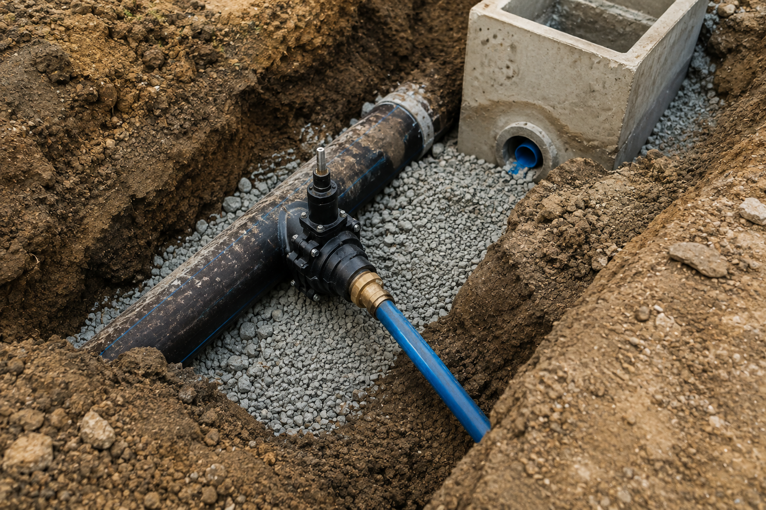 Underground pipe installation with black pipe, blue hose, and concrete utility box in a dirt trench