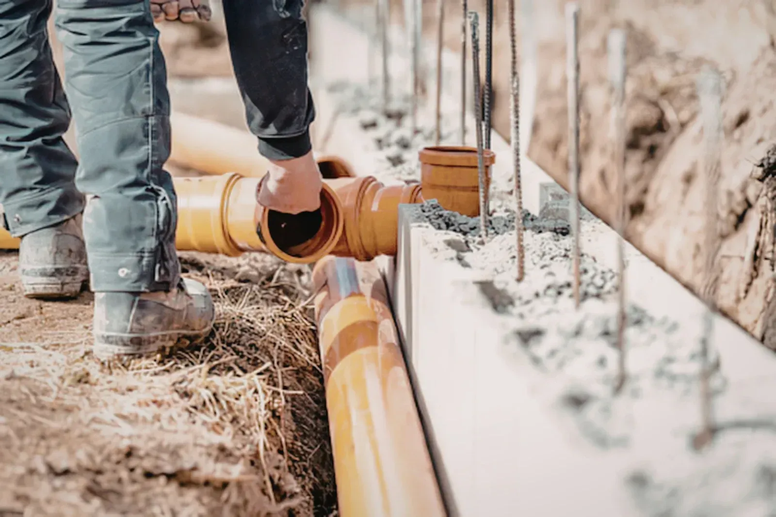 Worker fitting orange drainage pipes at a construction site