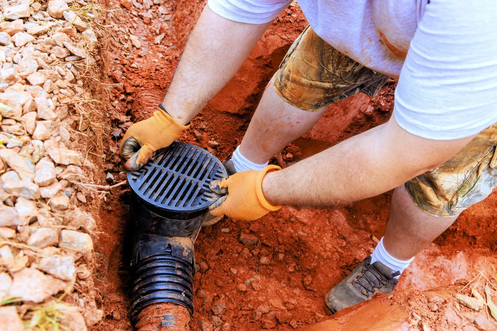Worker installing a drainage pipe in a trench with red soil and rocks