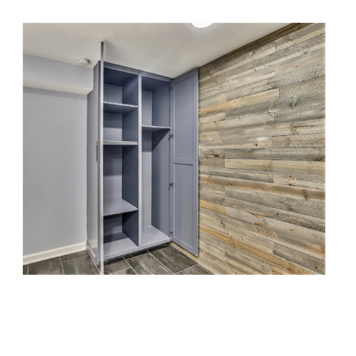 A closet with a wooden wall behind it