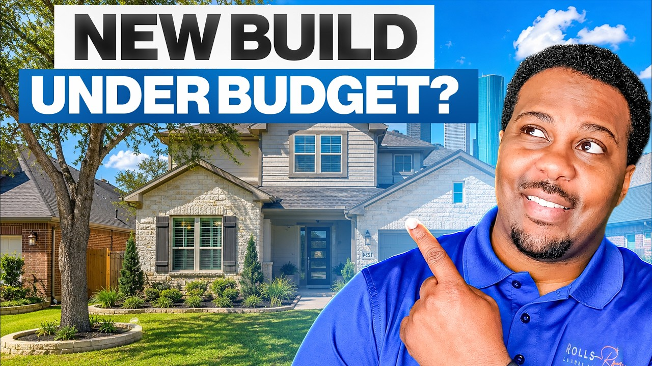 New build house with “UNDERBUDGET?” text and a man in a blue shirt pointing at the home