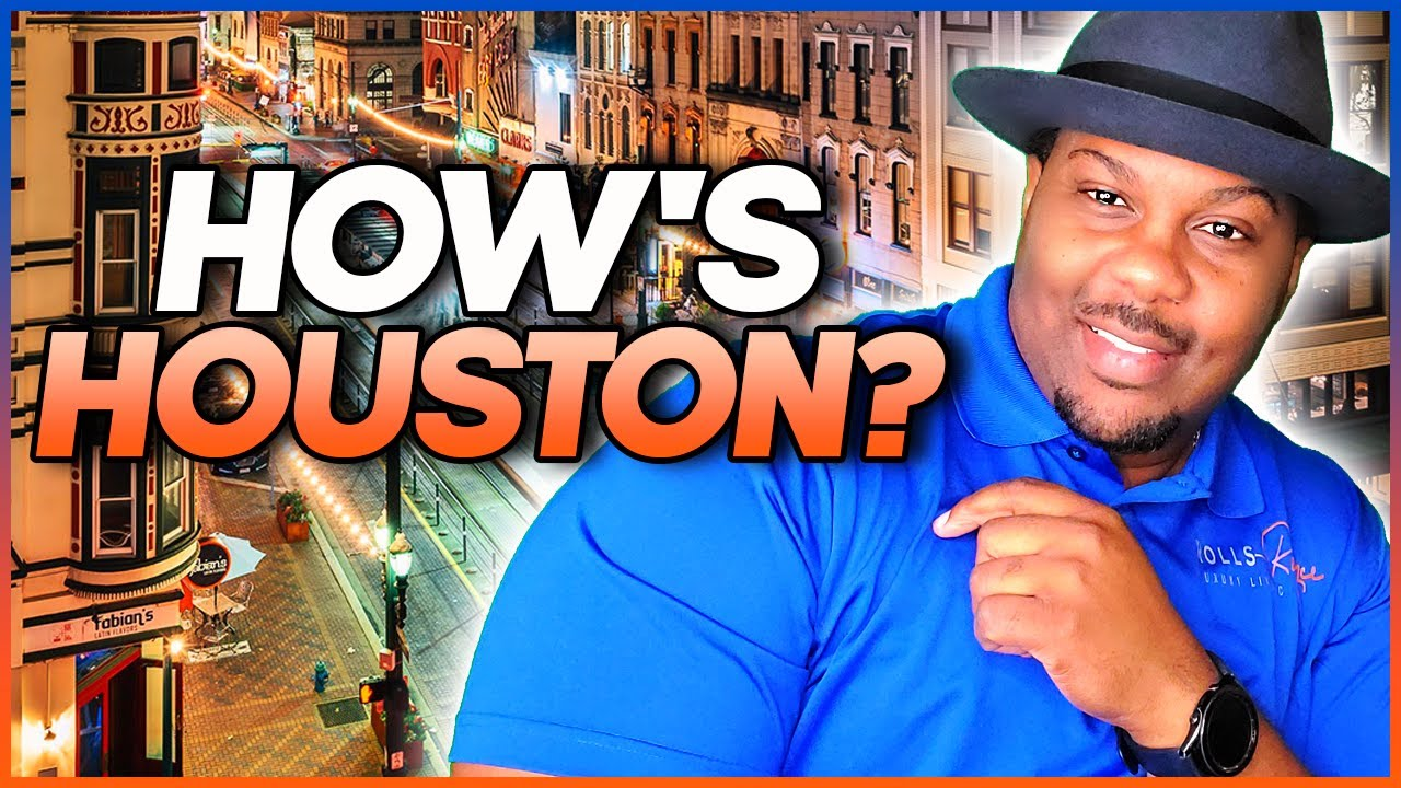 Man smiling in blue shirt and hat beside text “HOW’S HOUSTON?” over a city street background