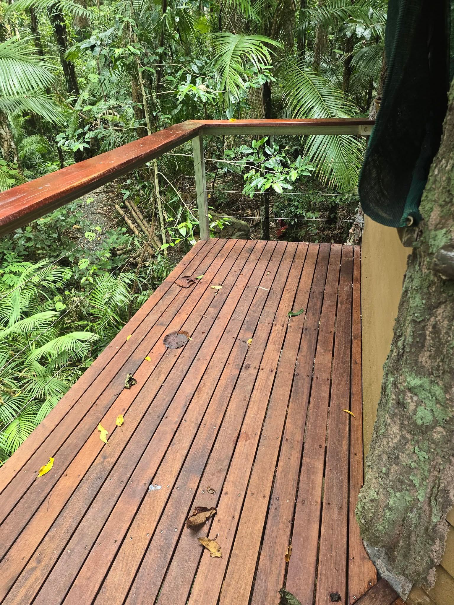 Wooden Jungle Walkway with Railing Beside Dense Green Forest — Sun Co Concrete And Construction in Dimbulah, QLD