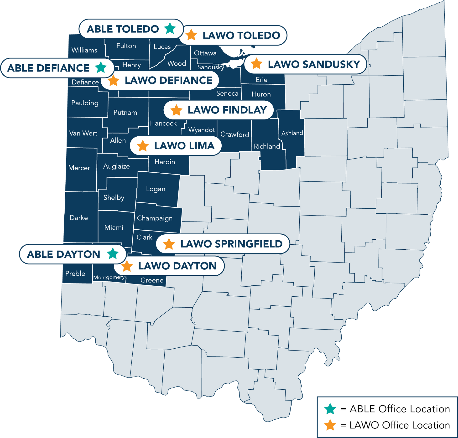 Map of Ohio indicating the 32 counties served by ABLE and LAWO