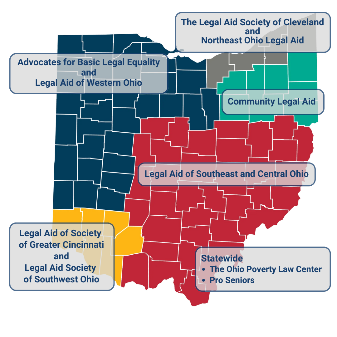 Map of Ohio indicating the counties that each legal aid organization serves