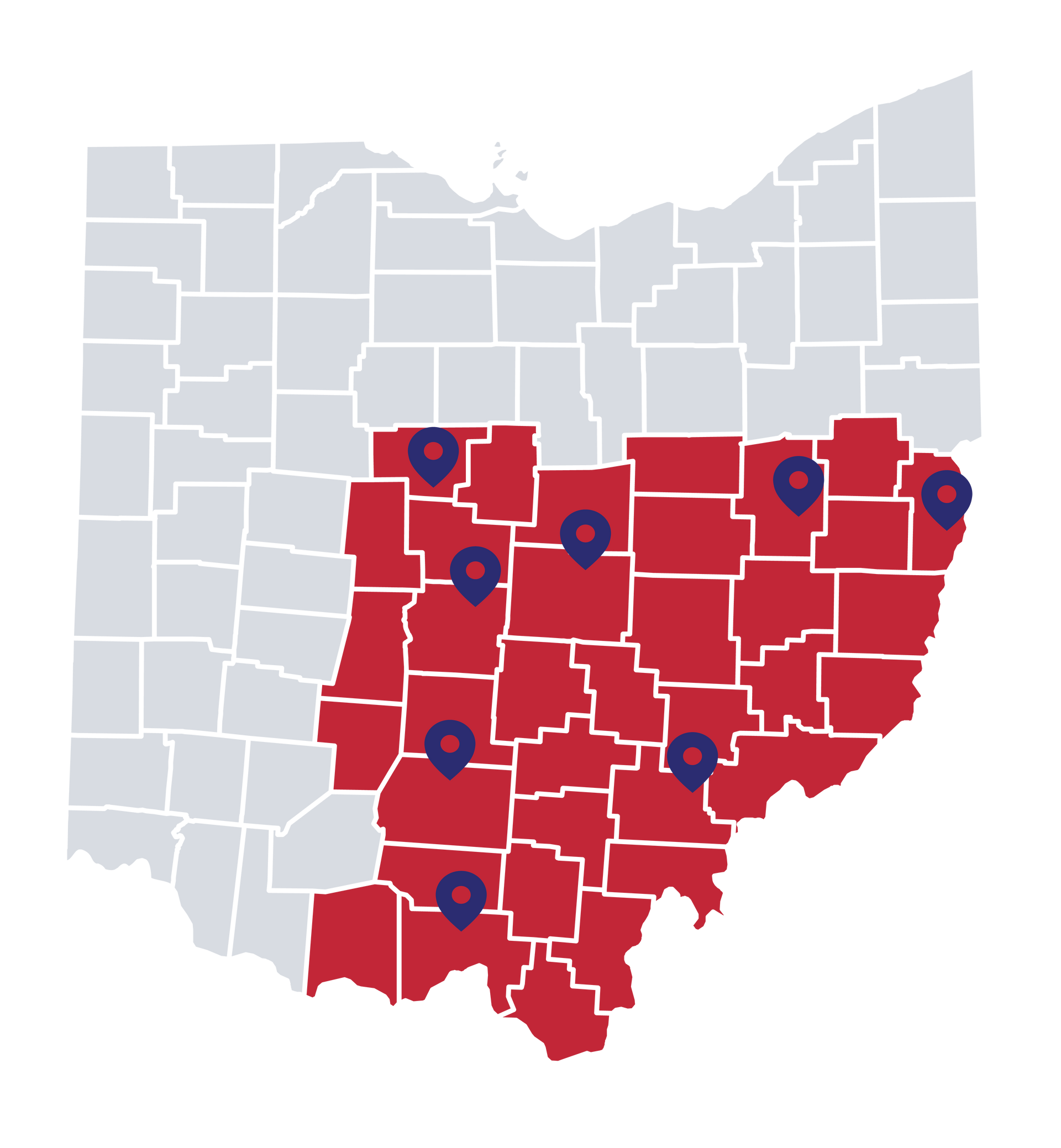 Map of Ohio showing the 26 counties served by Legal Aid of Southeast and Central Ohio