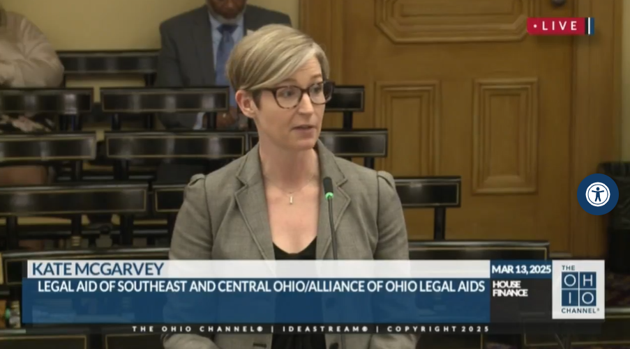 Photo of Kate McGarvey, executive director of Legal Aid of Southeast and Central Ohio, speaking to the Ohio legislature