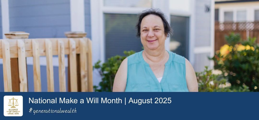 Person standing in front of a house. Caption: National Make a Will Month, August 2025 #generationalwealth