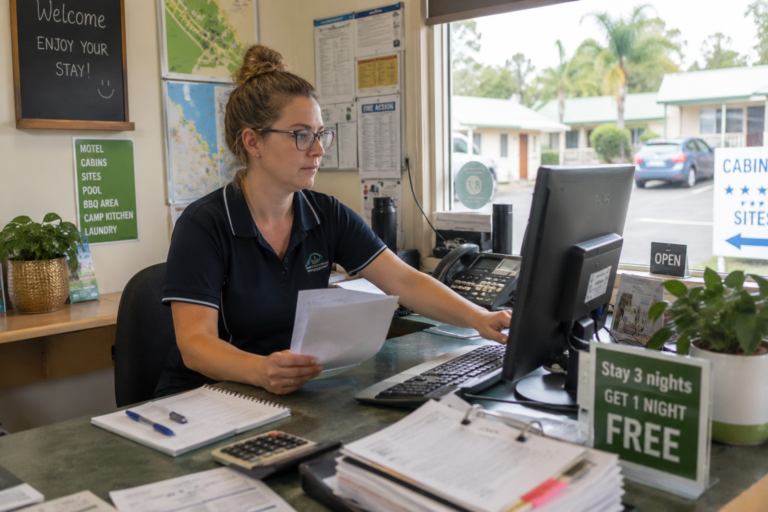Accommodation operator managing bookings, paperwork and admin at a caravan park reception desk