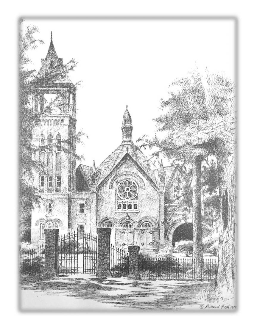 Pen and ink drawing of a historic building with a clock tower, trees, and a wrought-iron fence.
