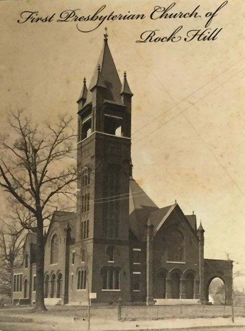 First Presbyterian Church of Rock Hill. Tall brick building with steeple and arched entrance.