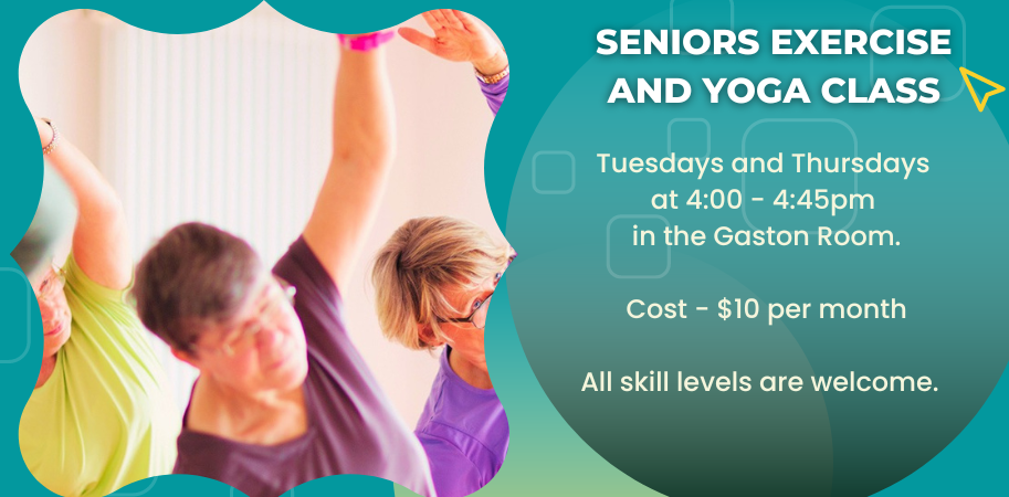 Seniors exercising in a yoga class.  Details include class times, location, and cost. All skill levels are welcome.