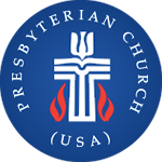 Presbyterian Church (USA) logo: white cross with open book, flames, and blue circle with text.