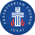 Presbyterian Church (USA) logo: white cross with open book, flames, and blue circle with text.