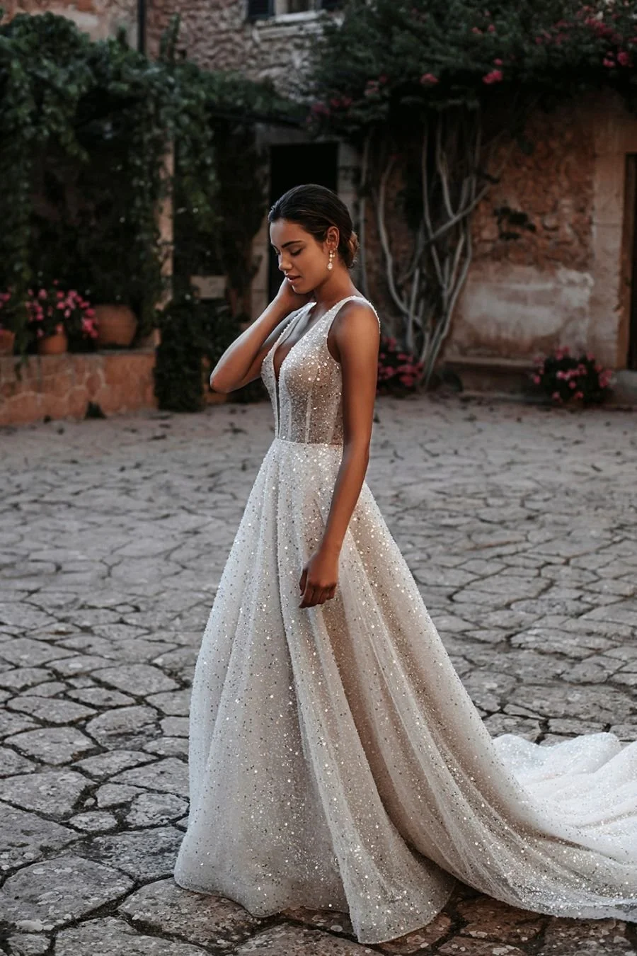 Woman in a sparkly white gown standing on cobblestone street with a trailing train.