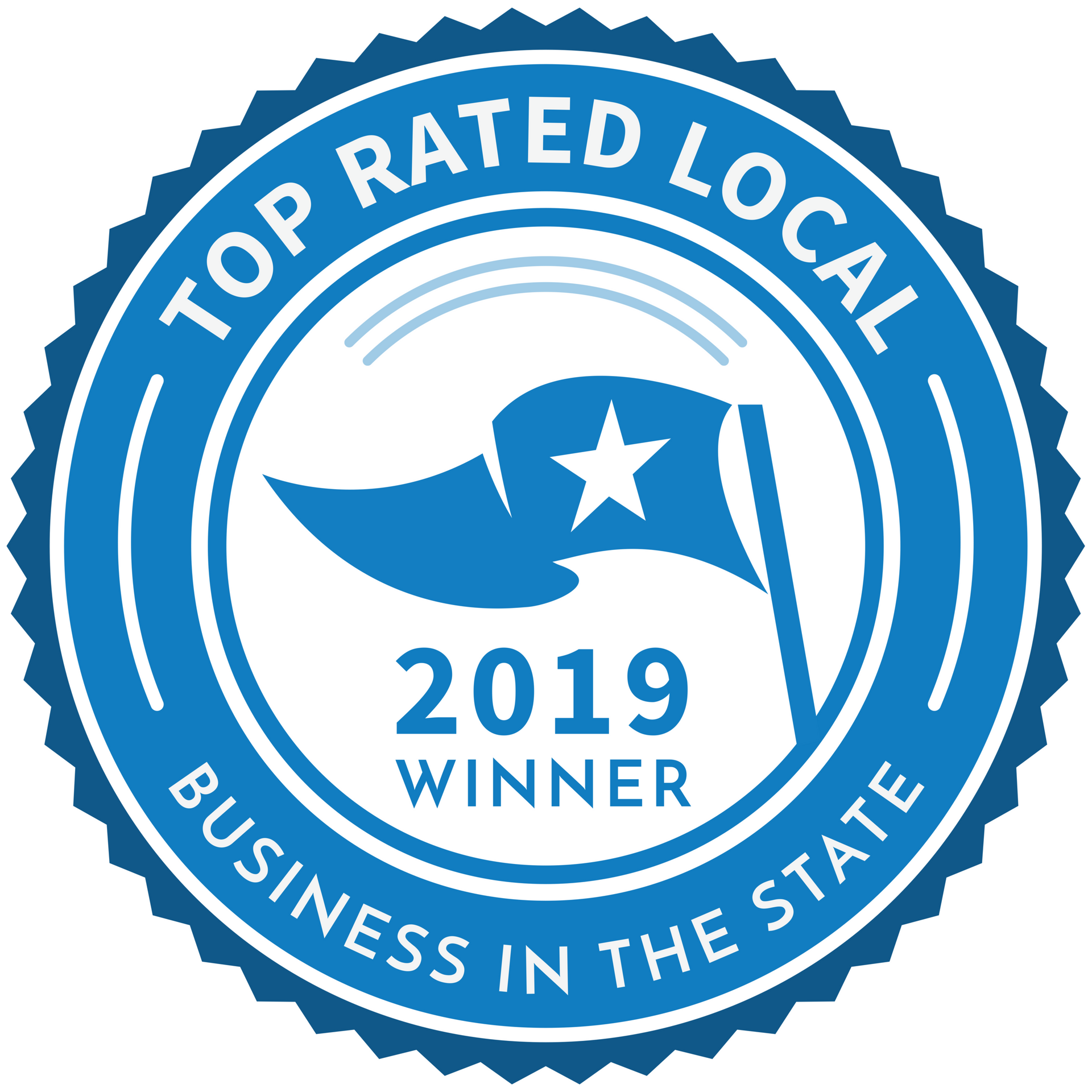 Blue “Top Rated Local Business in the State” 2019 winner seal with a waving flag icon