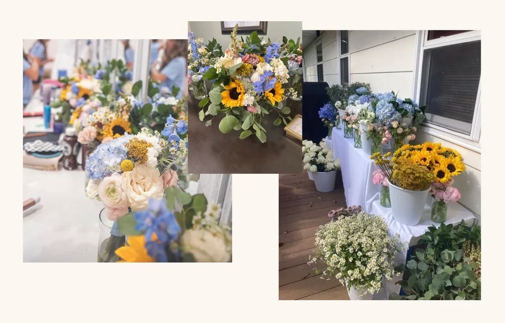 Pastel and yellow flower bouquets arranged on tables and a porch steps display