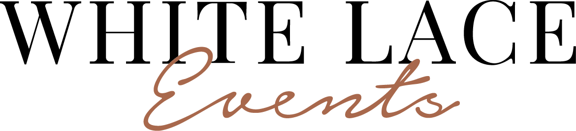White Lace Events logo with black serif text and cursive tan script on a white background