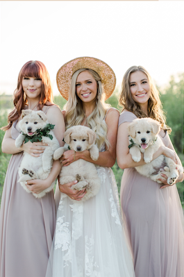 Three women in pastel dresses holding small white dogs, standing outdoors in soft light.