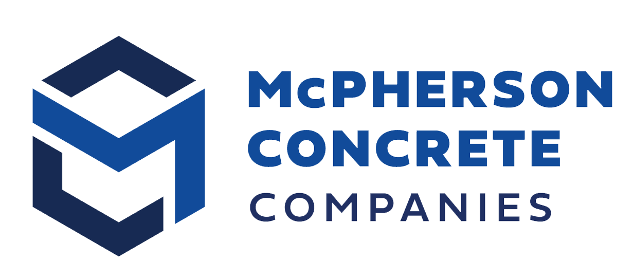 The logo for mcpherson concrete companies is blue and white.