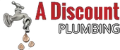 A Discount Plumbing logo with a silver faucet dripping water over red and black text