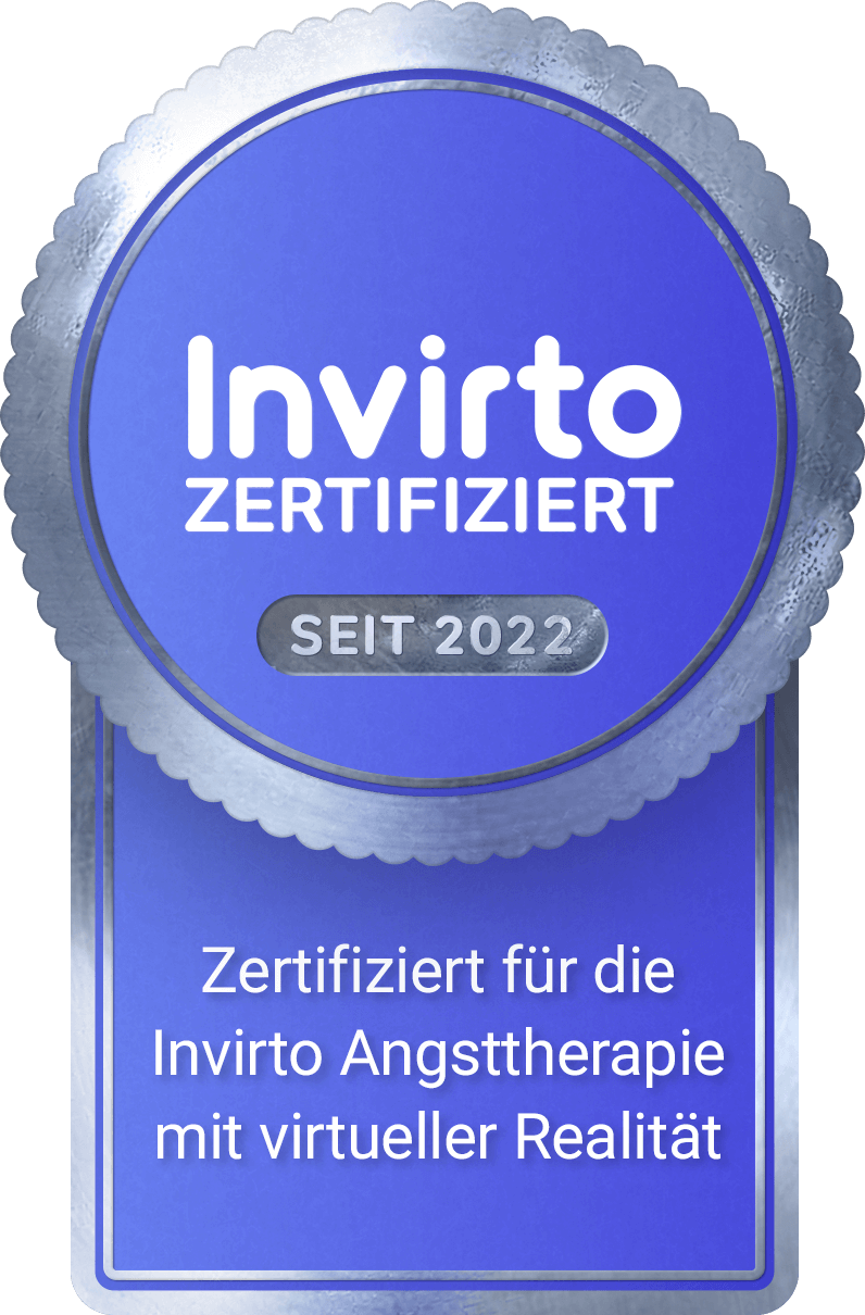 Blaues Siegel „Invitto zertifiziert“ mit „seit 2022“ und Text zur Zertifizierung für Angsttherapie mit virtueller Realität