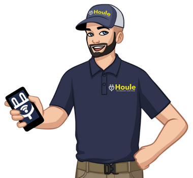 Houle mascot holding a phone with their logo