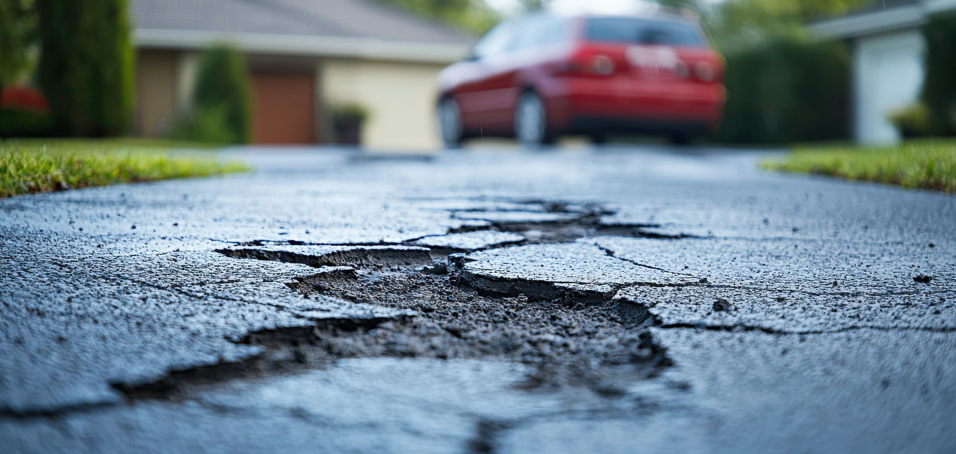 Cracked, damaged asphalt driveway with a blurred red car and house in the background