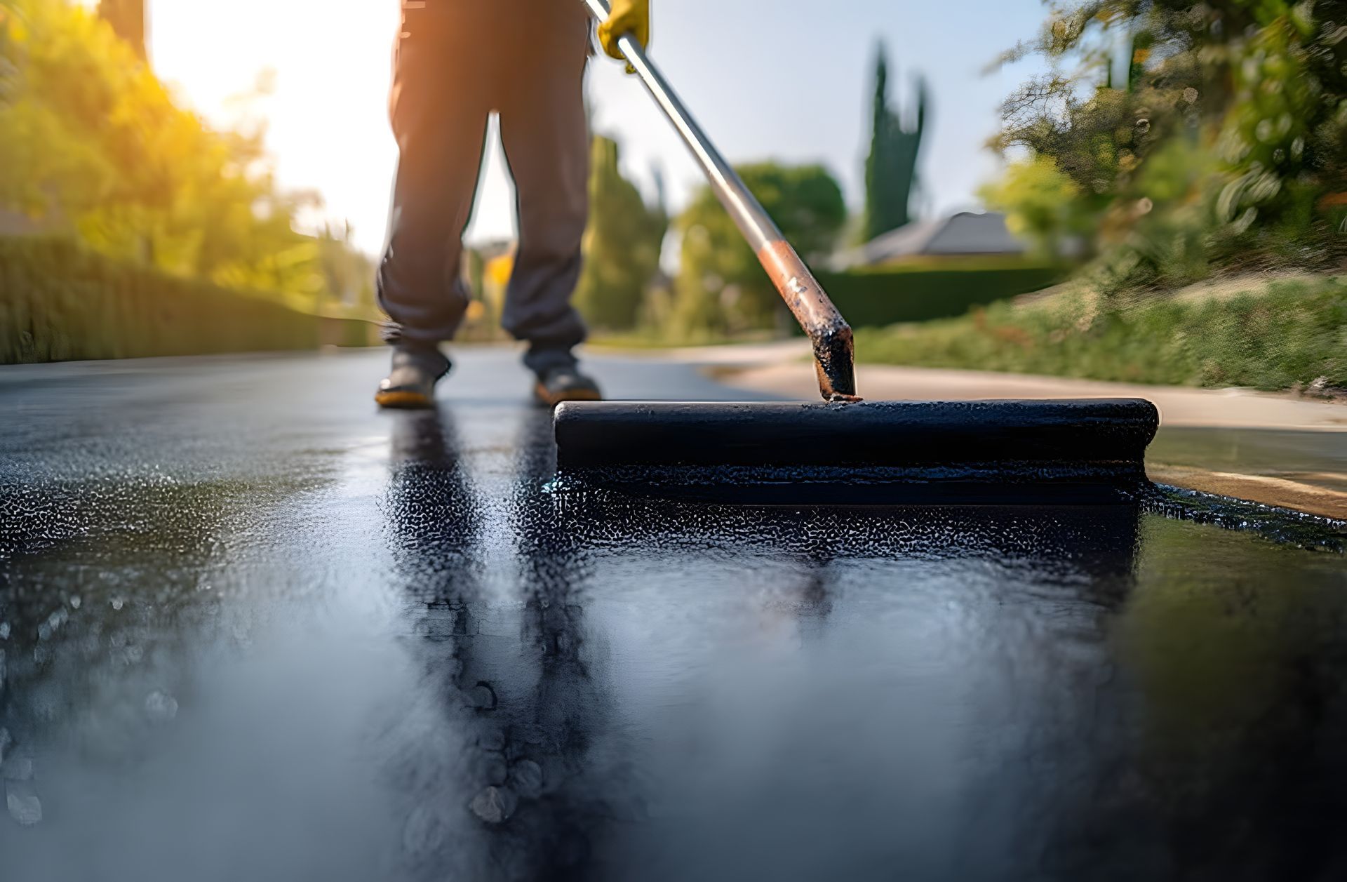 Person sweeping water off a wet driveway with a push broom at sunrise