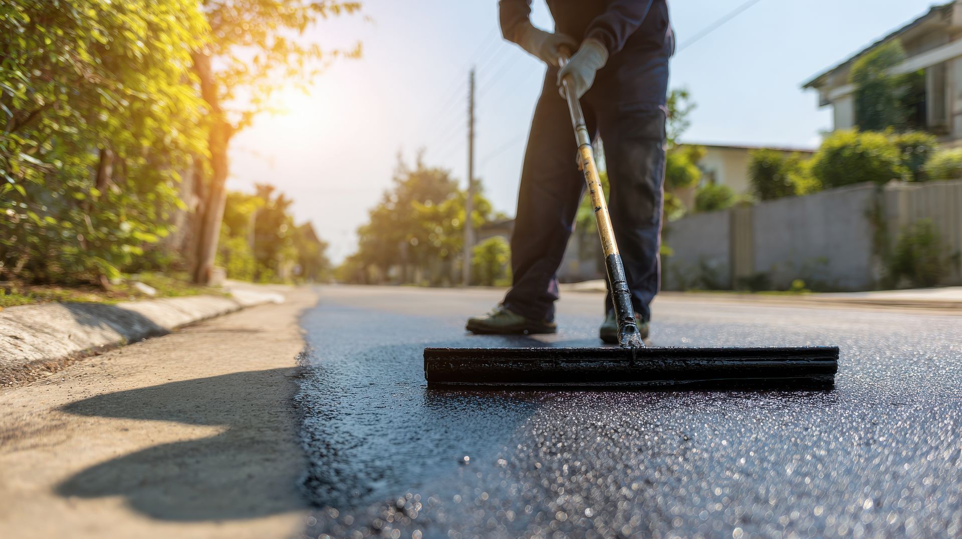 Person using a push broom to sweep gravel from a sunlit suburban street