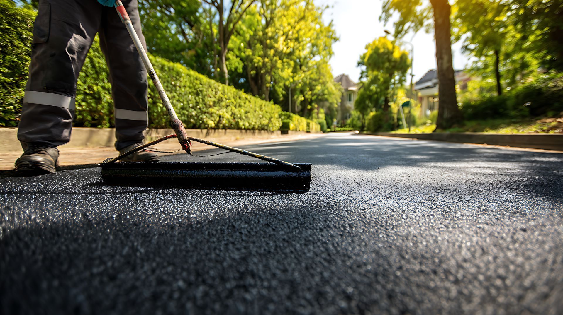 Person spreading black asphalt on a sunlit road with a squeegee