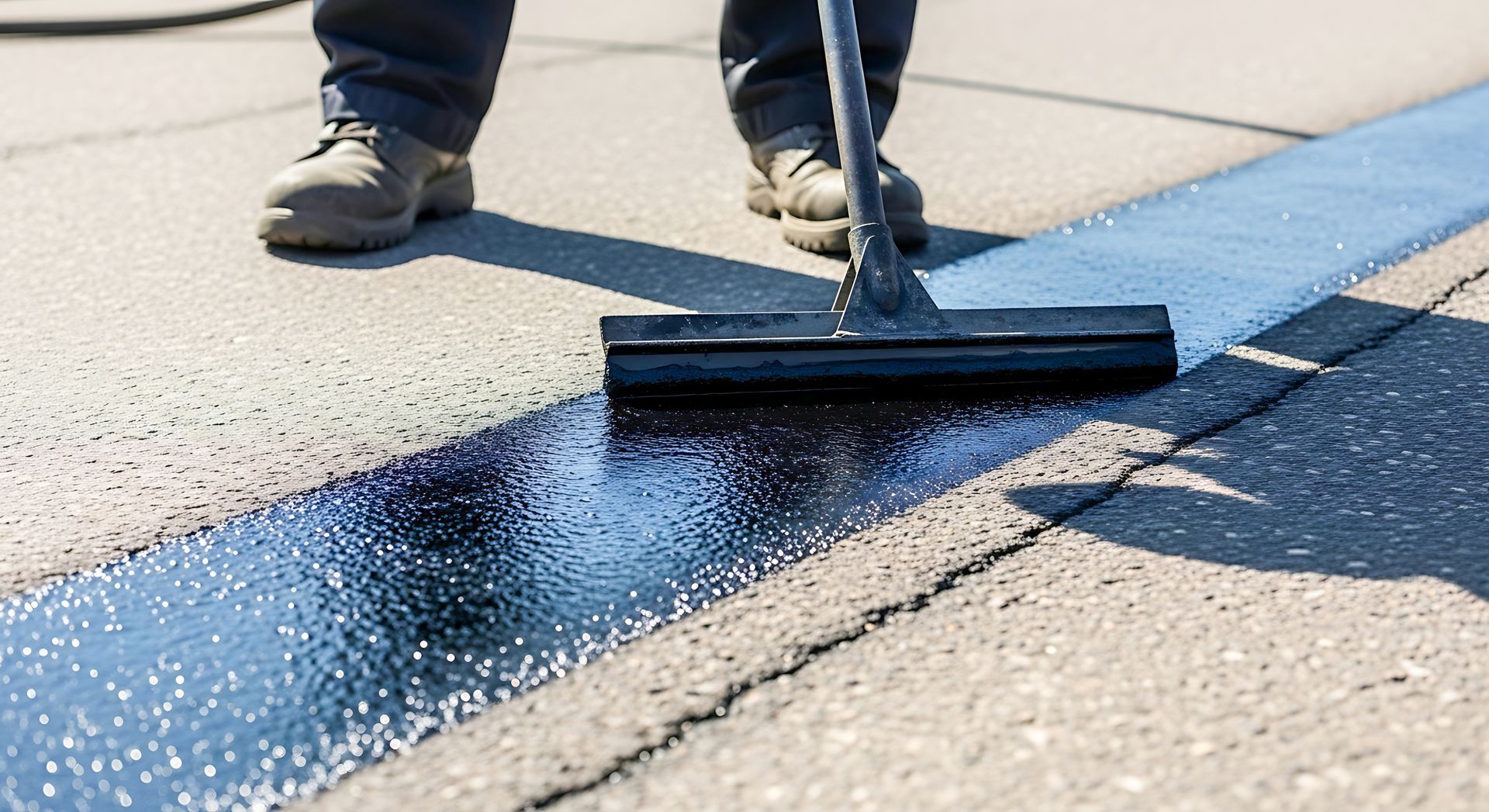 Worker squeegeeing black sealant over a crack in sunlit pavement