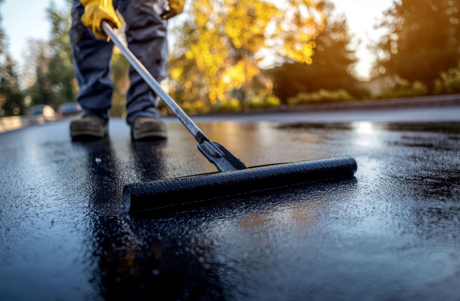 Person using a roller to spread black pavement coating on a wet road at sunset