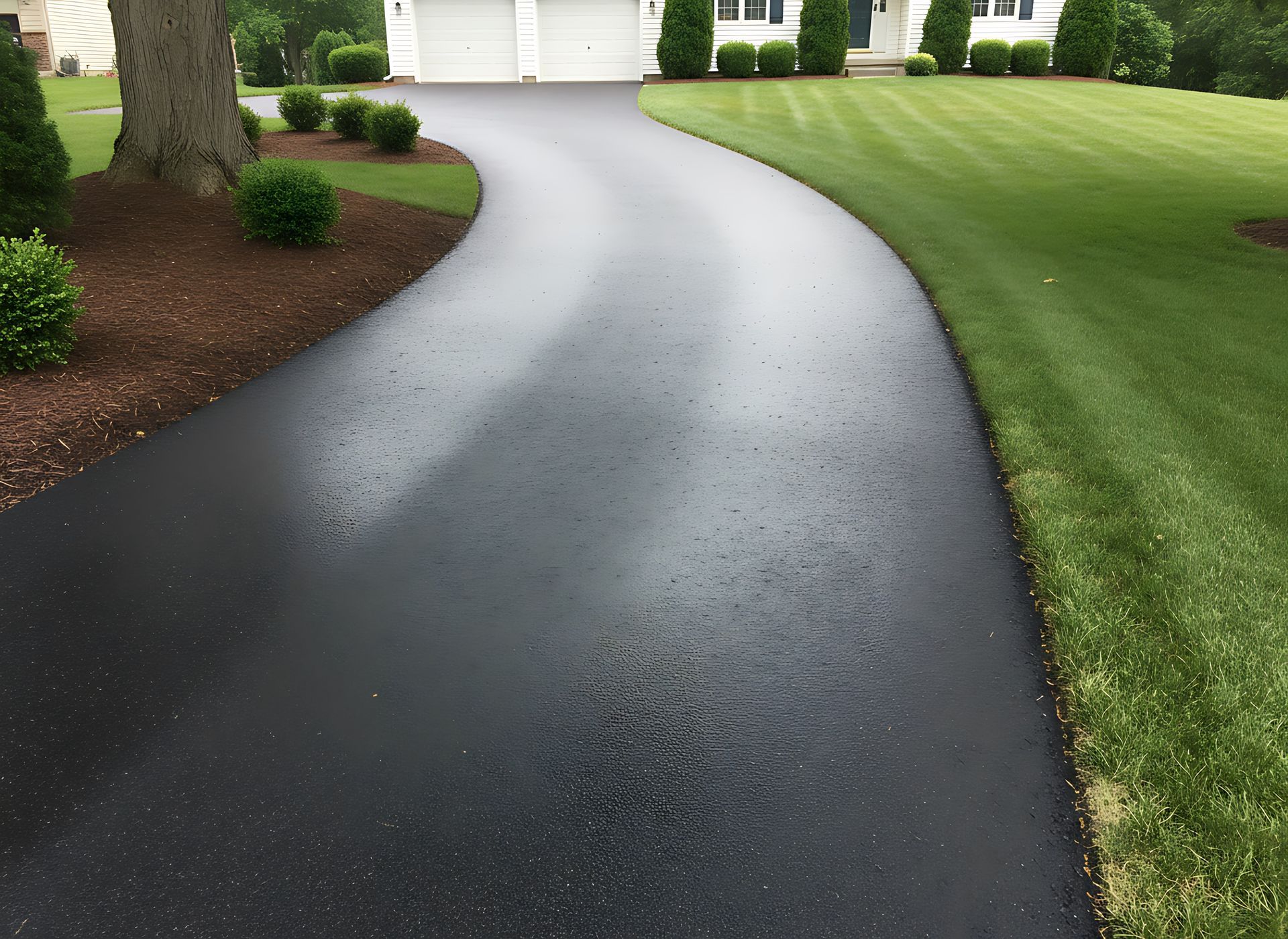 Wet black driveway curving through a landscaped yard toward a white garage