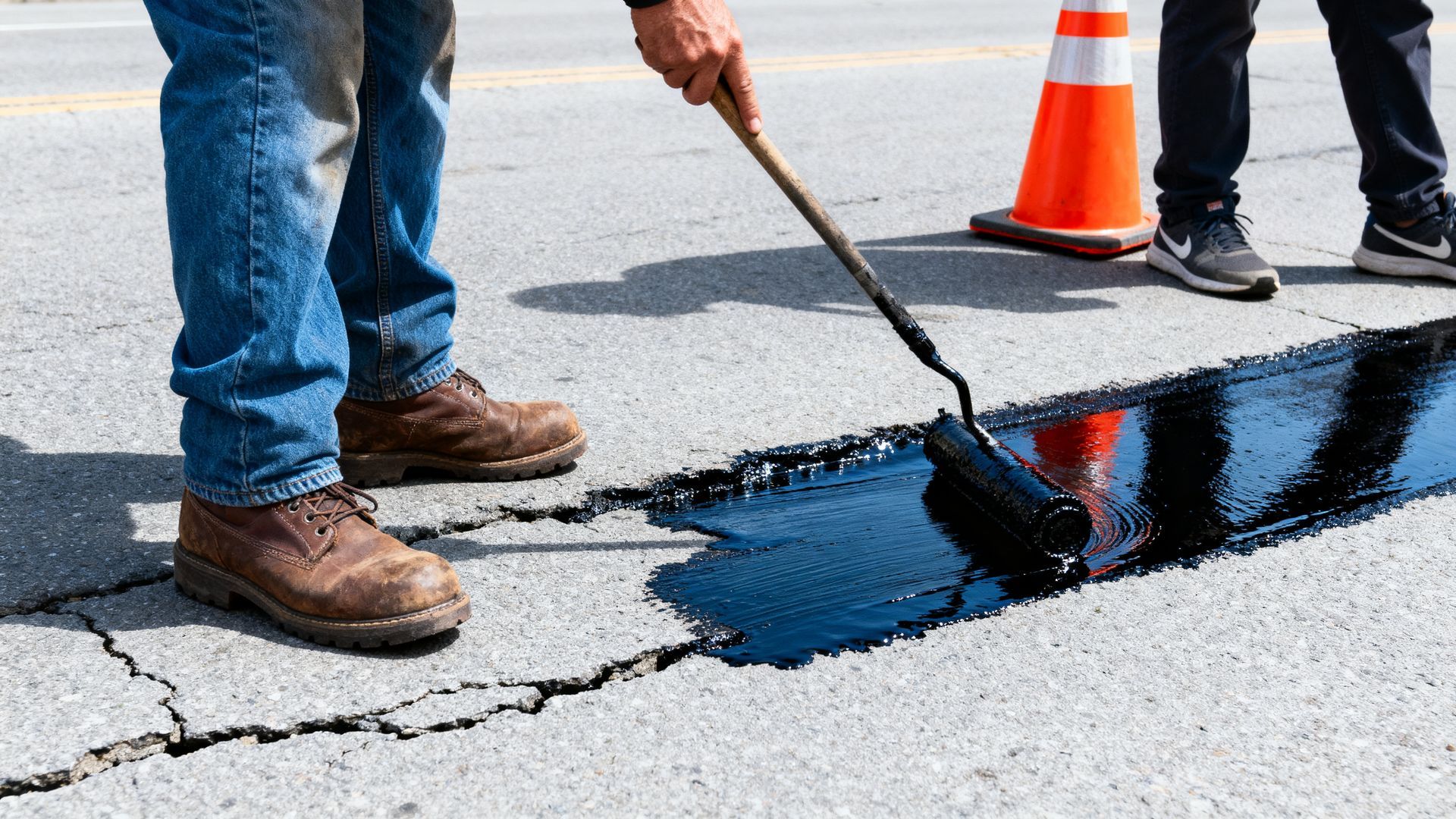 Worker spreading black asphalt repair over cracked pavement near traffic cones