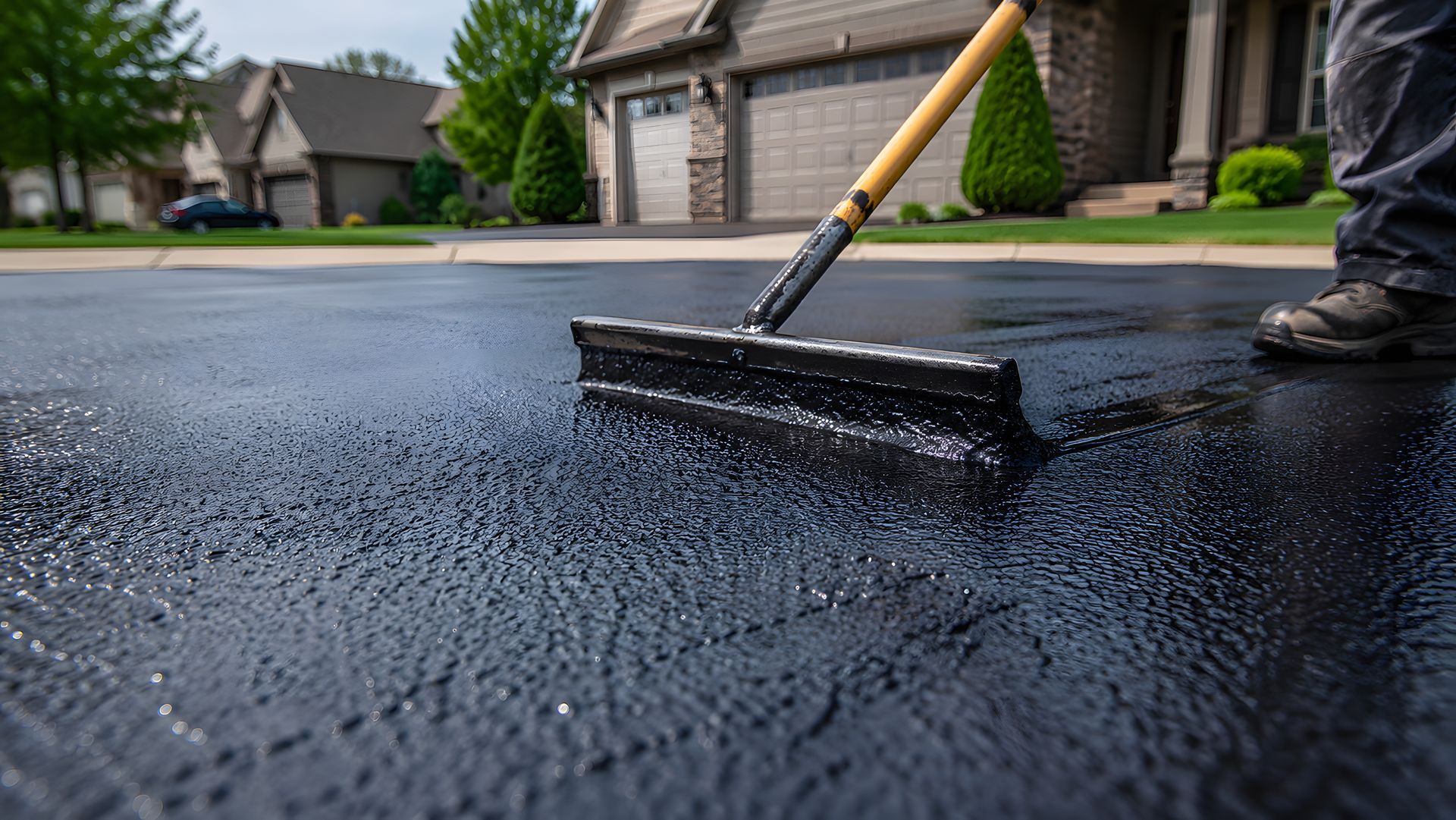 Person squeegeeing a wet driveway with a long-handled broom in a suburban neighborhood
