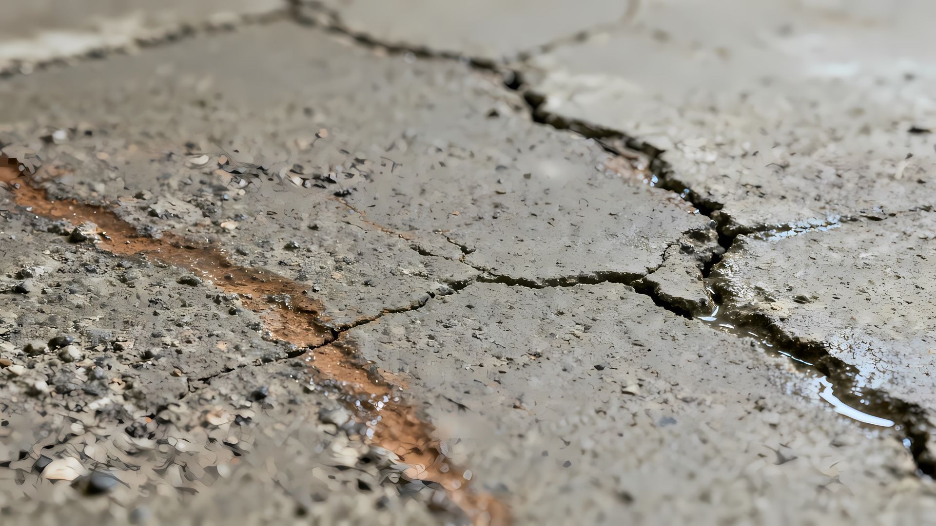 Cracked concrete pavement with a jagged orange seam and rough gray surface close-up