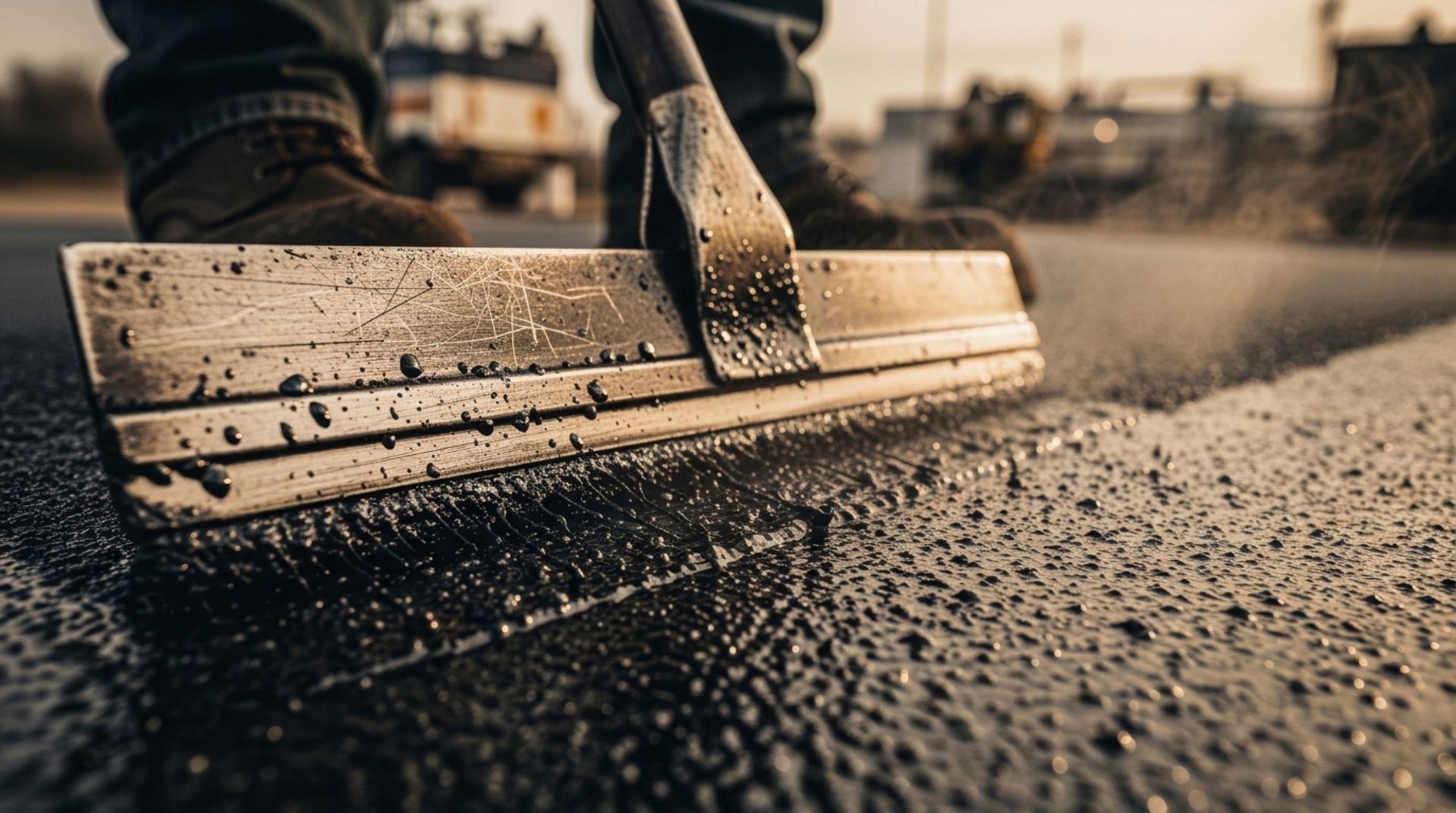 Close-up of a rubber squeegee pushing water across a wet surface, with droplets splashing around it.